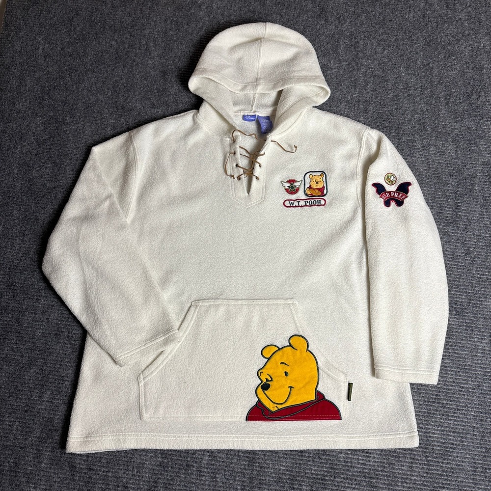 Disney Winnie‎ The Pooh Fleece Hoodie Pullover Lace Up Cream Large